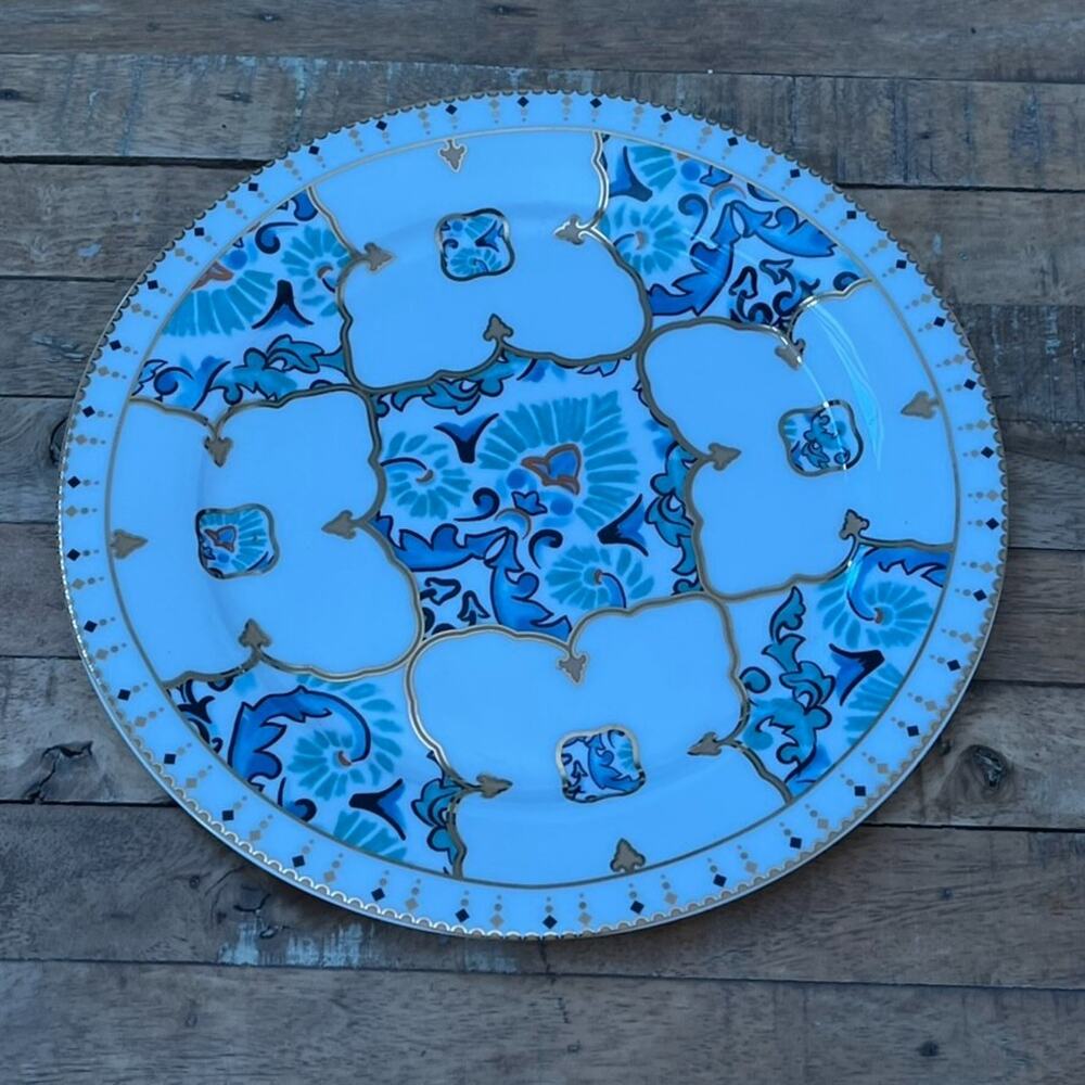 Bella Vita Bone China Serving Plate 12" Amalfi Diamond Blue Motifs Gold Accents